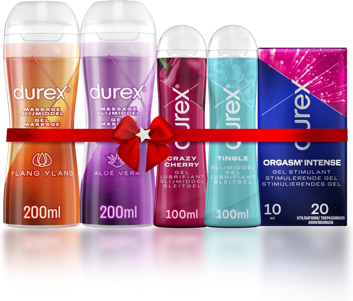 Durex - 4 Glijmiddelen en 1 Stimulerende gel - 2 in 1 Aloë Vera 200ml - 2 in 1 Sensitive - Play Tingle Gel 100ml - Crazy Cherry (Kers) 100ml - Orgasm Intense Stimulerende Gel 10ml - Voordeelverpakking - Cadeau voor man en vrouw — afbeelding 1