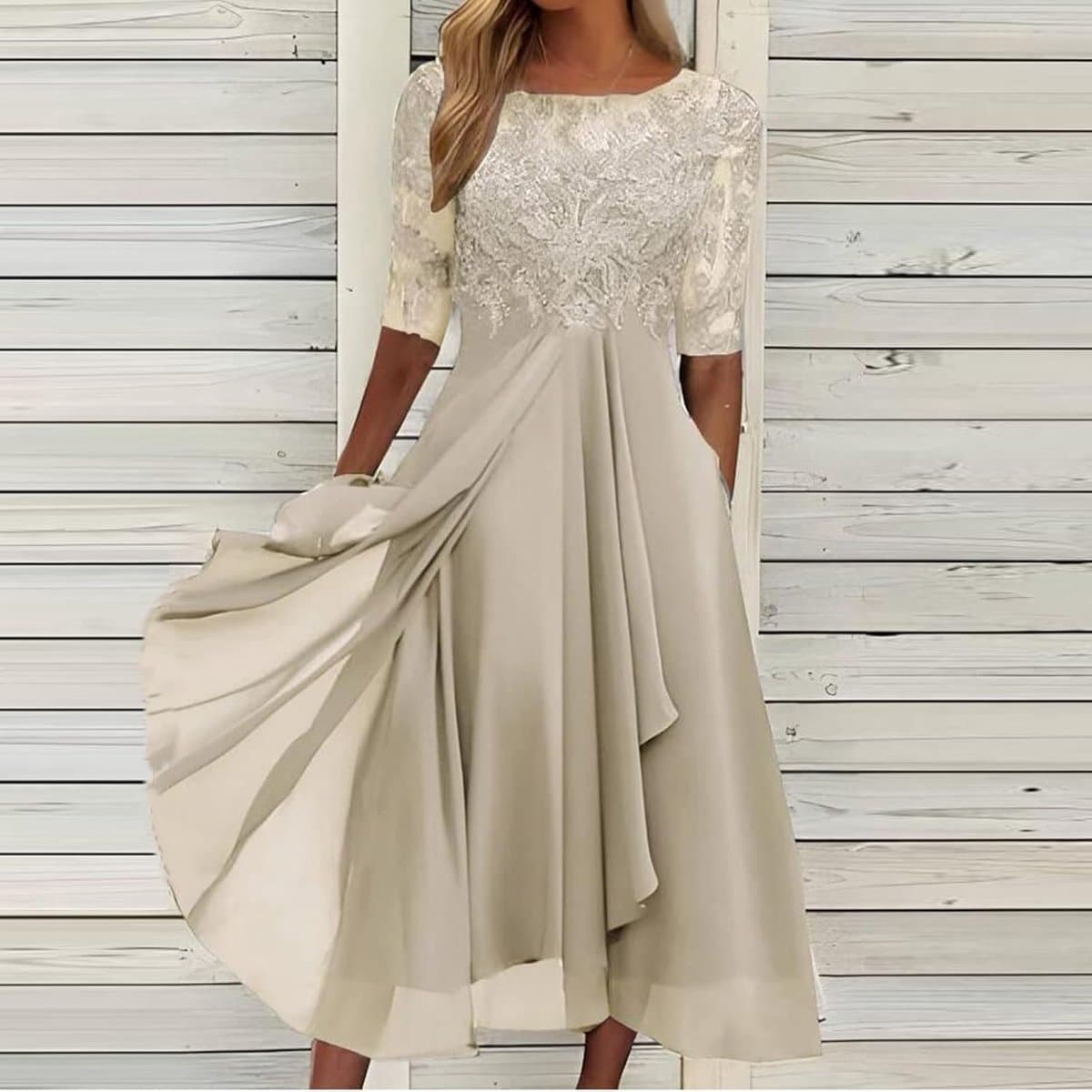 Dames Jurk - Avondjurk Feestjurk - Bruiloft Gast - Kant Borduurwerk - Lange Mouw - Chiffon — afbeelding 1