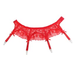 Zeloria Erotische Lingerie Jarretelgordel met Slip P5265 – Luxe Kant met Strikjes & Clips – Rood – XS/S — thumbnail 3