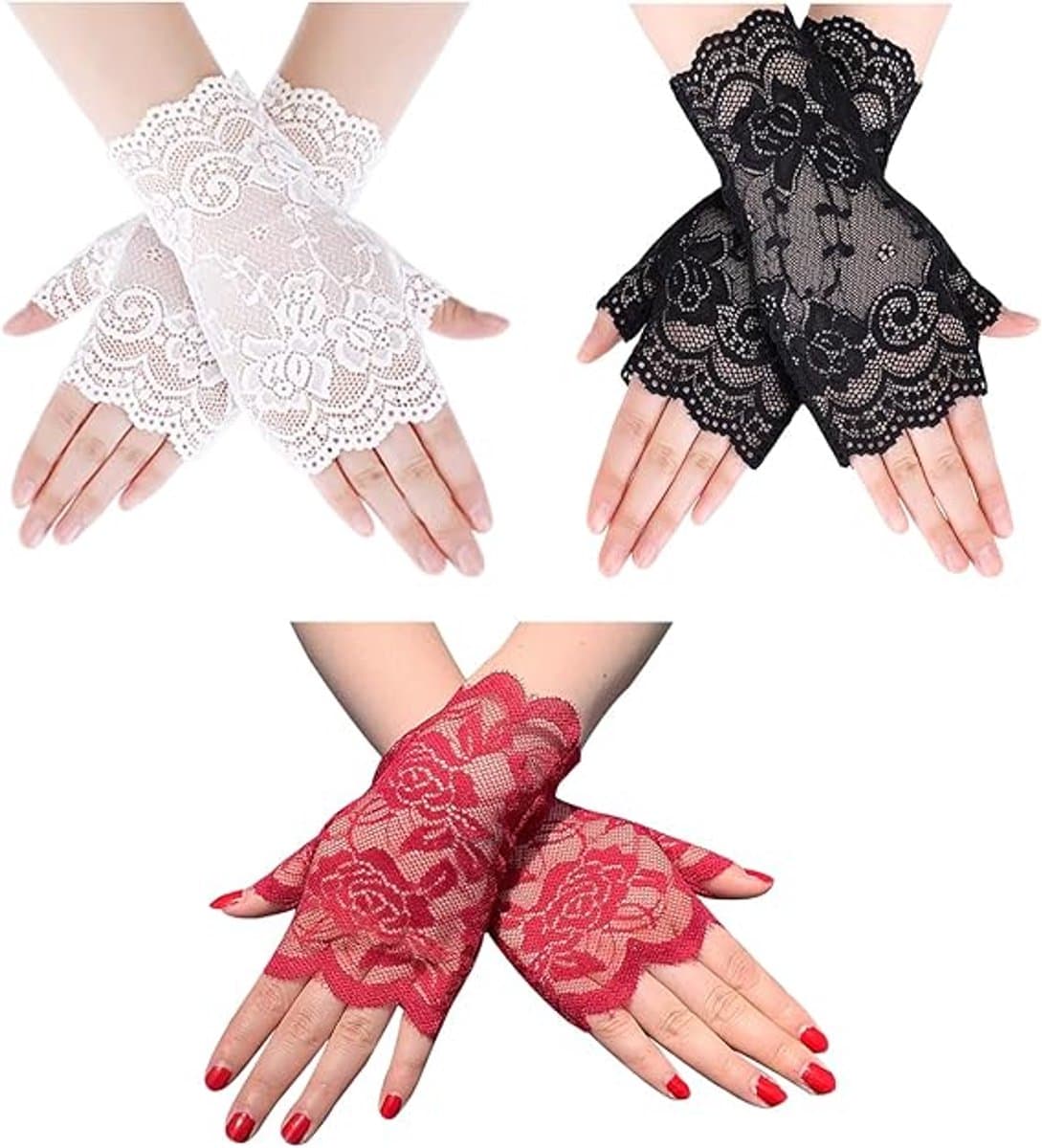 3 paar kanten halfvinger satijnen handschoenen feestaccessoires voor dames bruiloft opera — afbeelding 1