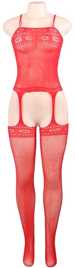 Zeloria Bodystocking – Rode Lingerie Catsuit met Jarretelle Look – Sexy Netstof – Open Kruis – XS/M — thumbnail 6