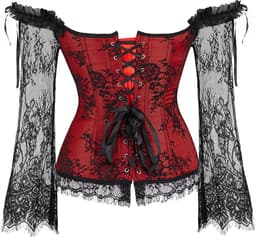 Corset Dames Rood Zwart Kant – Lange Mouwen Sexy — thumbnail 4
