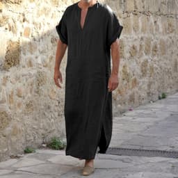 Heren thobe kaftan lange mouwen islamitische abaya moslim met zakken gebedskleding robe lang Arabisch linnen A38 — thumbnail 2