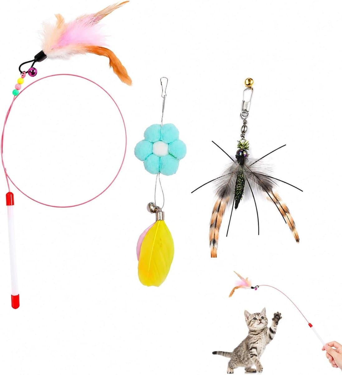 1 kattenhengel + 2 reservekoppen – insectennep en bloem met veren, natuurlijke veren met belletjes, wekt het jachtinstinct, ideaal voor interactief spel en beweging met je kat — afbeelding 1