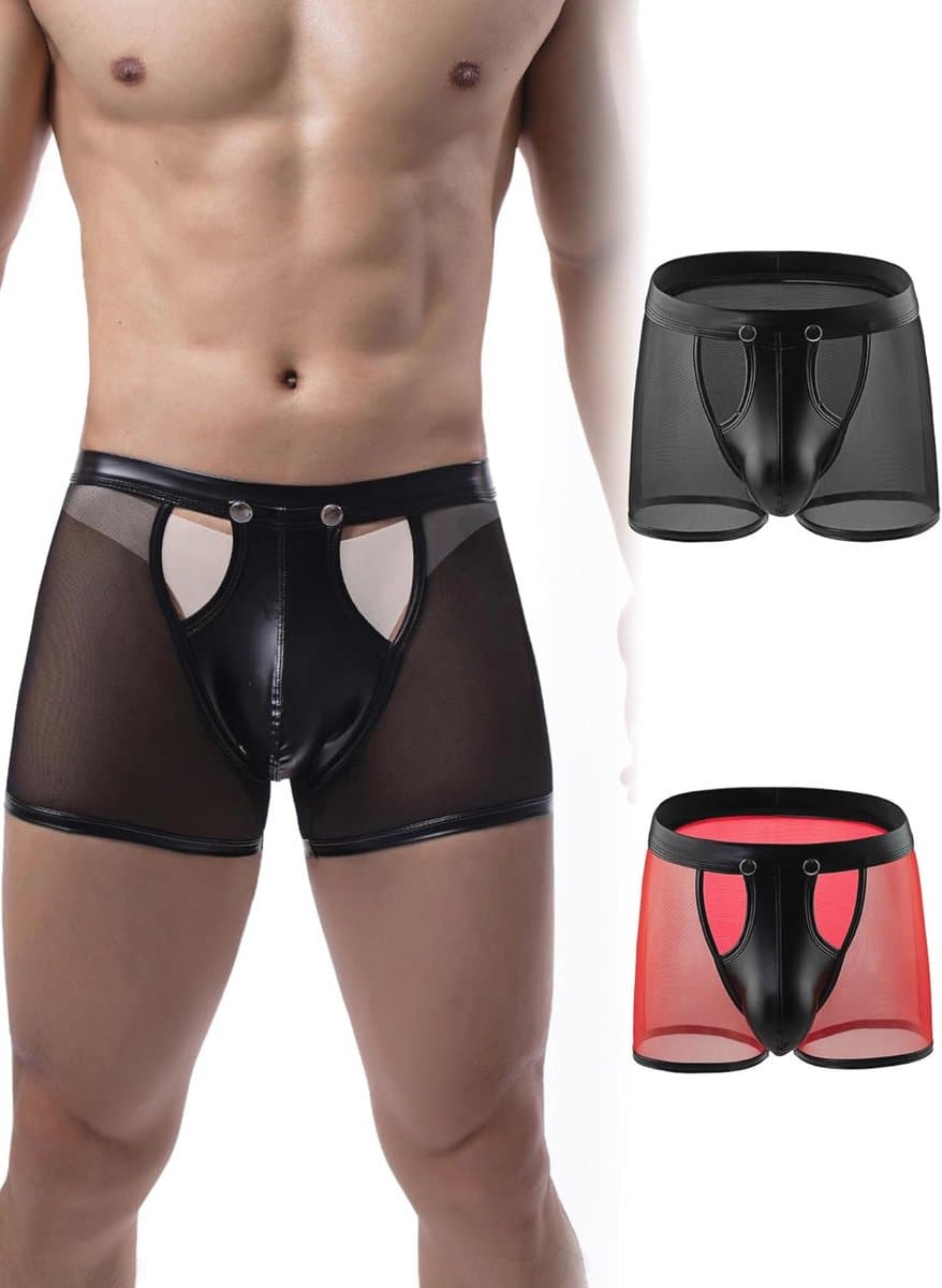 Sexy Kunstleren Boxershorts voor Heren - Wetlook en Transparante Slip met Open Kruis — afbeelding 1