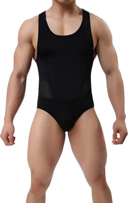 Heren Strakke Ondergoed Jumpsuit Vest Bodysuit Zwart — thumbnail 3