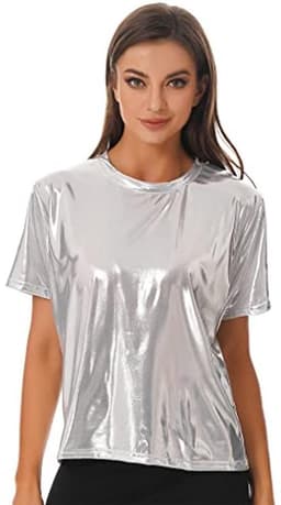 Metallisch T-shirt voor Dames, Glanzend Holografisch Top, Korte en Lange Mouwen, Perfect voor Carnaval en Feestjes — thumbnail 1