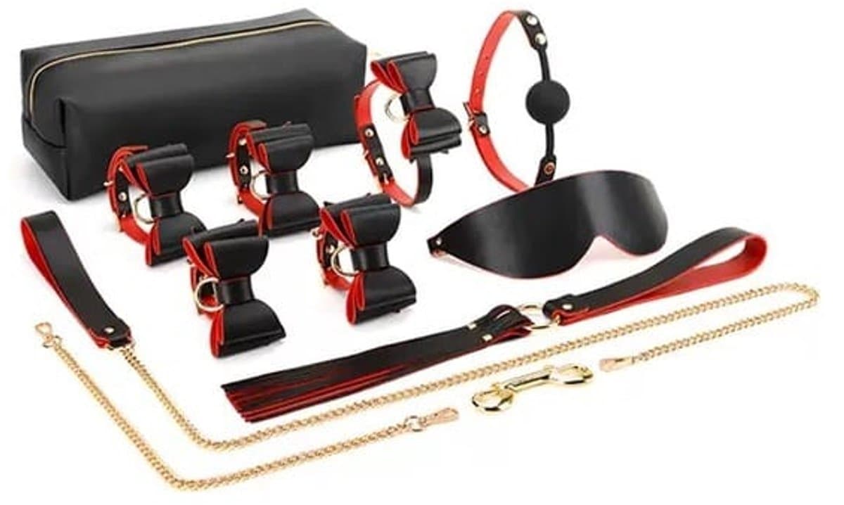 BDSM Luxe Etui - Luxe Leren Reistas - 8-delige set - kinky - rood/zwart bdsm - Handboeien - Enkelboeien - ball gag - zweep - Blinddoek — afbeelding 1