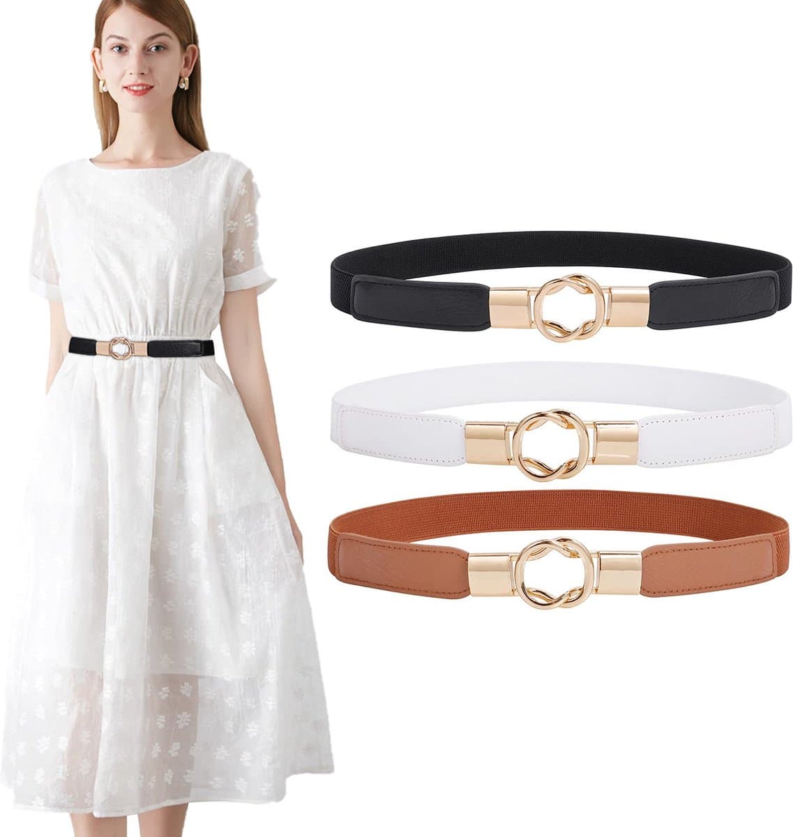 Elastische riem voor dames, skinny riem voor jurken, retro stretch, tailleriem, dunne riem met gesp, 4 stuks — afbeelding 1