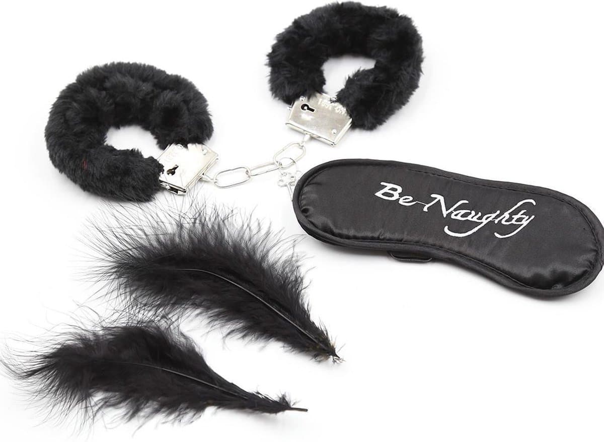 Banoch | Bondage Naughty Black | zwarte pluche handboeien, blinddoek en streel veren — afbeelding 1