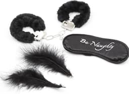 Banoch | Bondage Naughty Black | zwarte pluche handboeien, blinddoek en streel veren — thumbnail 1