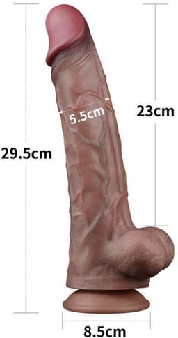 LoveToy - Dubbellaagse siliconen dildo 29.5 cm (Ø 5.5 cm) - Bruin — thumbnail 6
