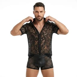 Erotische Herenblouse Zwart - Transparant Kanten Overhemd voor Heren - Sexy Clubwear voor Mannen - Maat XL — thumbnail 1