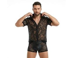 Erotische Herenblouse Zwart - Transparant Kanten Overhemd voor Heren - Sexy Clubwear voor Mannen - Maat XL