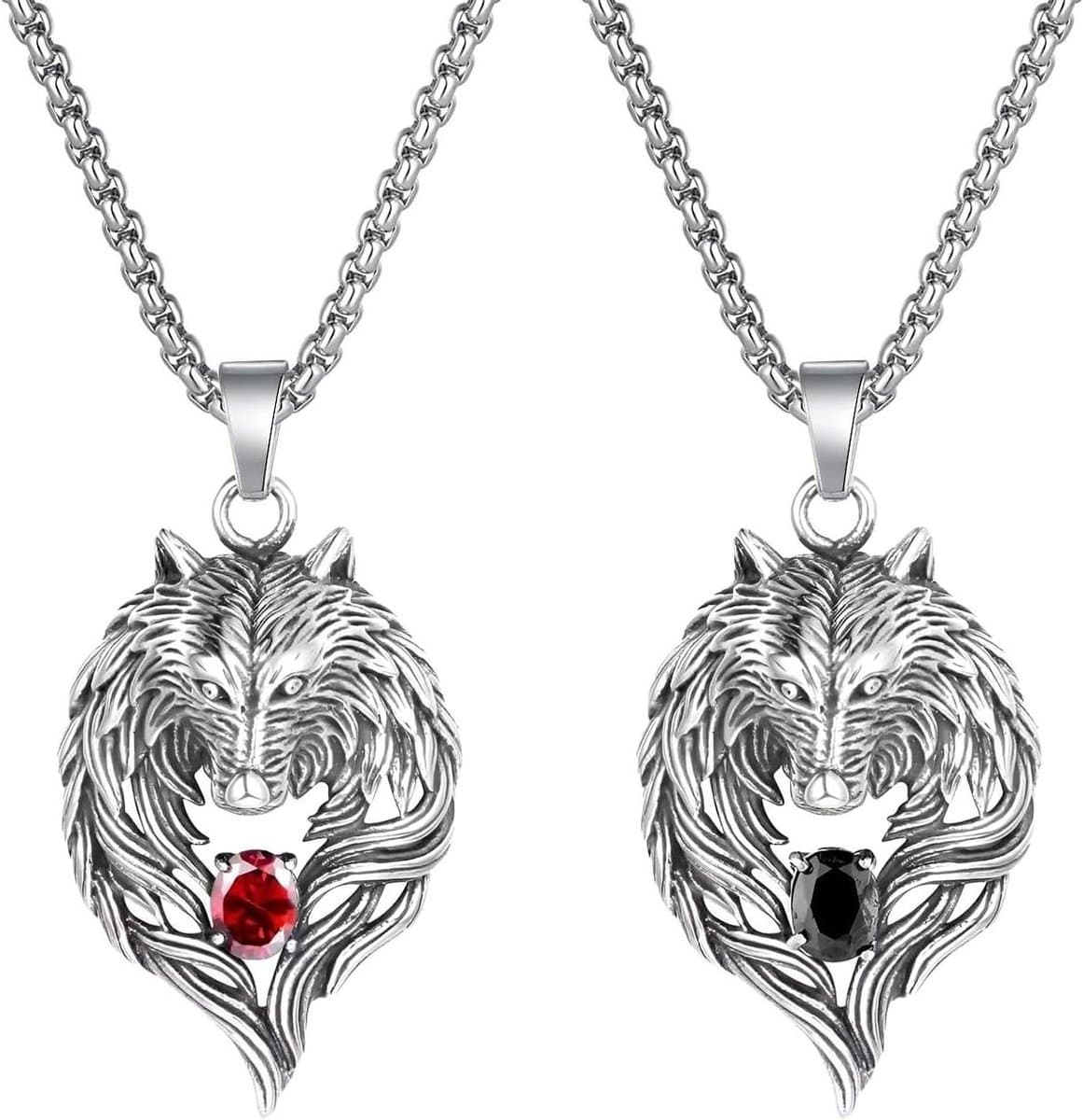 2Pcs Wolf Head Pendant Necklace Wolf Pendant Necklace Skirt Gothic Punk Hip Hop Necklaces for Men Women - Red Black — afbeelding 1