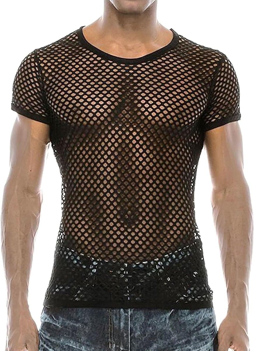 Korte Mouw Mesh Fishnet T-Shirt voor Mannen - Fitted Muscle Top voor Zomer, Club en Workout - Sexy en Transparant Crop Top met Ronde Hals — afbeelding 1
