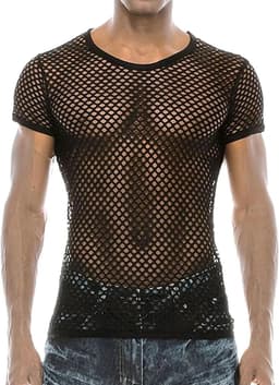 Korte Mouw Mesh Fishnet T-Shirt voor Mannen - Fitted Muscle Top voor Zomer, Club en Workout - Sexy en Transparant Crop Top met Ronde Hals — thumbnail 1