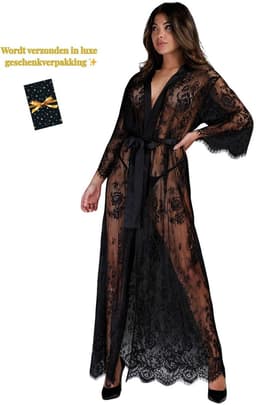 Luxe Erotische Kimono Dames – Sexy Lingerie – Lingerie Erotisch – Zwart – Transparante Kant Kimono – Verleidelijke lingerie & ochtendjas – High End – Chique – Clubwear – Satijnen Strikceintuur– Elegante Nachtkleding – Dare to Undress – S, M, L, XL — thumbnail 11