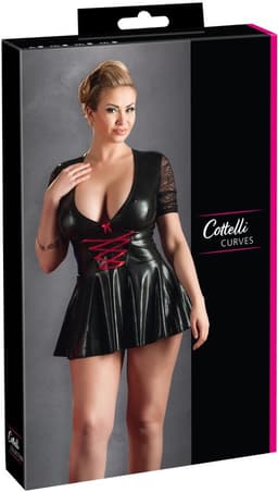 Cottelli Plus Size – Wetlook Mini Jurk met Rode Veters en Diepe Decolleté Kinky en Uitdagend – Maat 4XL – Zwart — thumbnail 1