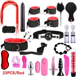 Daity BDSM Bondage Set – 23 Delig – Luxe Koppel Set met Handboeien, Blinddoek, Vibrator & Accessoires – Verstelbaar & Comfortabel – Voor Koppels & Rollenspel – Rood — thumbnail 1