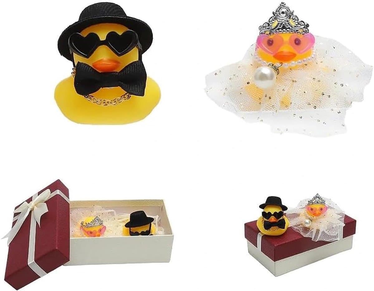 Bruidspaar Eendjes Set - Grappig Cadeau - Bruiloft Decoratie - Inclusief Cadeaubox - 4.8 x 4.2 cm - Wit — afbeelding 1