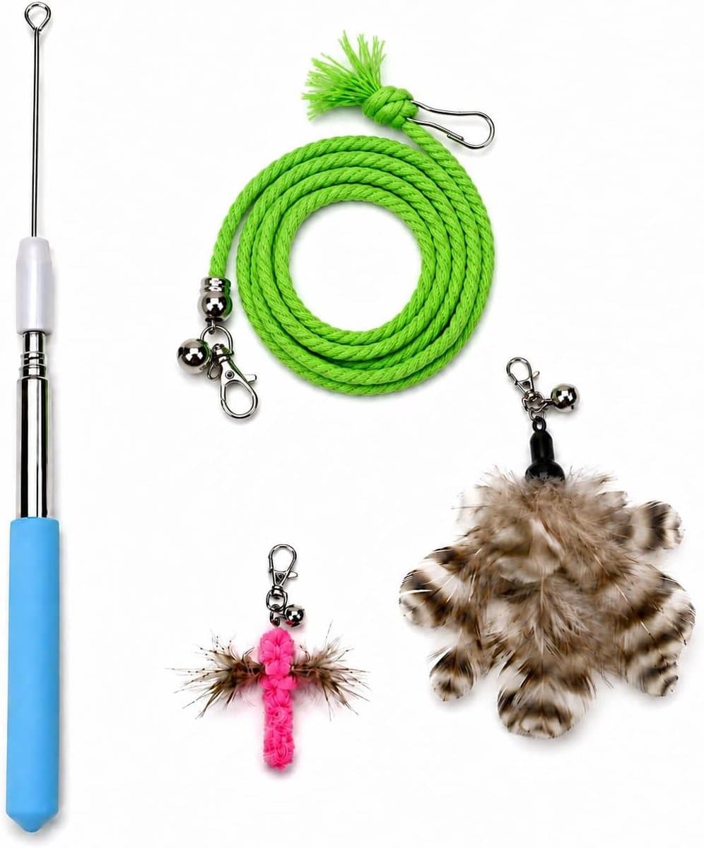 Kattenhengelset met roestvrijstalen telescoopstang en 3 hangers, flexibele kattenhengel met veer, insectenspeelgoed en katoenen touw, interactief kattenspeelgoed voor huiskatten — afbeelding 1