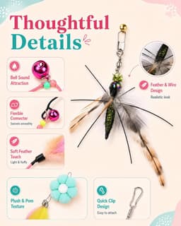 1 kattenhengel + 2 reservekoppen – insectennep en bloem met veren, natuurlijke veren met belletjes, wekt het jachtinstinct, ideaal voor interactief spel en beweging met je kat — thumbnail 4