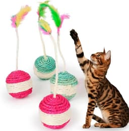 Interactief speelgoed met veren, 4 stuks à 6,5 cm diameter, sisal ballen, grappig kras- en bewegingsspel, bevordert de beweging, ideaal voor gebruik binnenshuis. — thumbnail 1