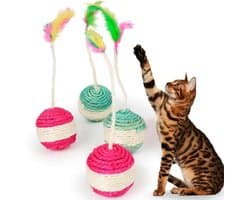 Interactief speelgoed met veren, 4 stuks à 6,5 cm diameter, sisal ballen, grappig kras- en bewegingsspel, bevordert de beweging, ideaal voor gebruik binnenshuis.