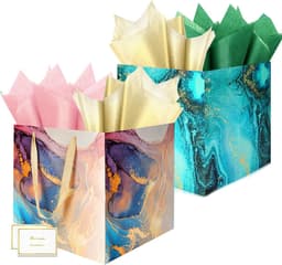 2 extra grote geschenkzakken, 11,8 inch vierkant, herbruikbaar, marmerlook — thumbnail 1