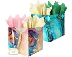 2 extra grote geschenkzakken, 11,8 inch vierkant, herbruikbaar, marmerlook