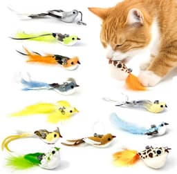 11 stuks realistische vogel katten speelgoed vervangingskoppen – handgemaakte katten speeltjes van echte veren met belletjes, interactieve kattenaccessoires voor binnenkatten en huisdecoratie — thumbnail 1