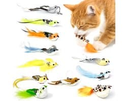 11 stuks realistische vogel katten speelgoed vervangingskoppen – handgemaakte katten speeltjes van echte veren met belletjes, interactieve kattenaccessoires voor binnenkatten en huisdecoratie
