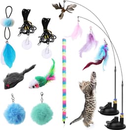16 stuks interactief kattenspeelgoed, zelfbezigheid, kattenspeelgoed, hengel, kattenhengel met zuignap, kattenspeelgoedset voor kitten met veren, bontballen, lange worm, muis — thumbnail 1