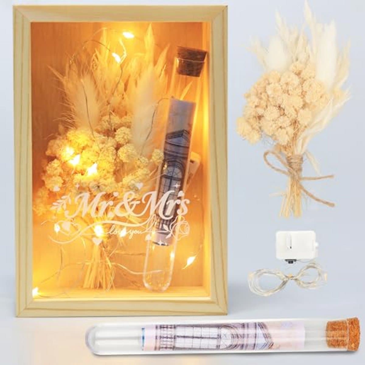 Premium geschenkdoos voor bruidspaar met natuurlijke materialen en led-lichtjes — afbeelding 1