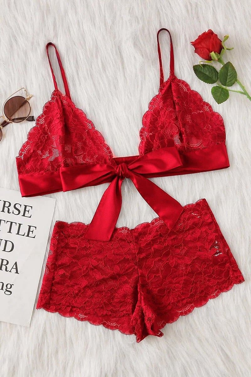 La Nuita Rode Kanten Bh Set Dames - Bralette met Grote Satijnen Strik en Korte Slip - Tweedelige Lingerie Set (S t/m XL) — afbeelding 1