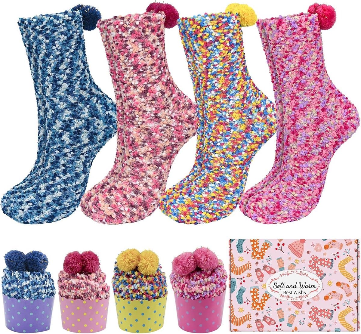 Set van 4 Paar Pluizige Warme Sokken voor Dames - Fluffy Wintersokken en Cadeauset — afbeelding 1