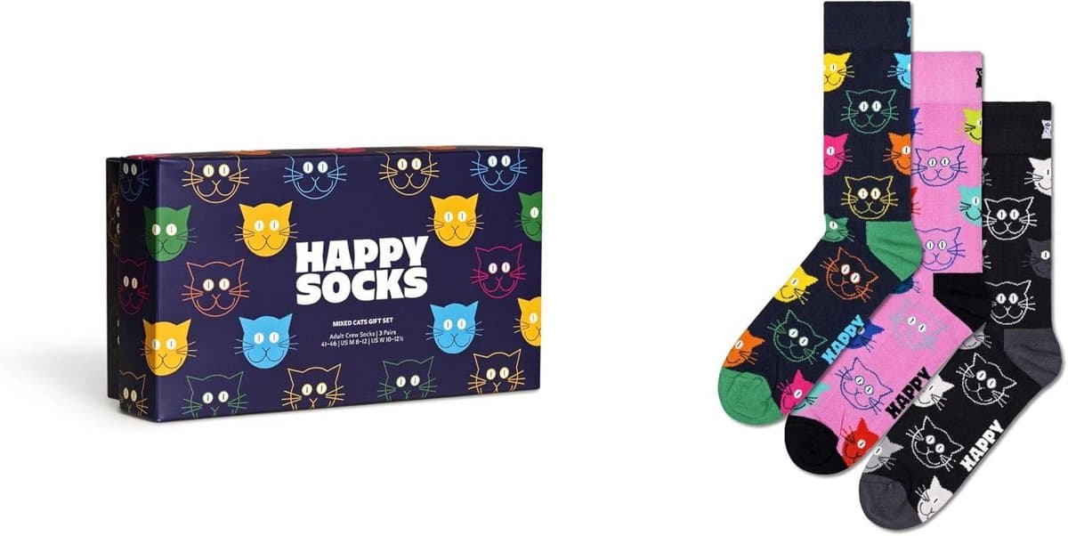 3-Pack Kattensokken Cadeauset voor Heren en Dames - Mix van Vrolijke Motieven — afbeelding 1