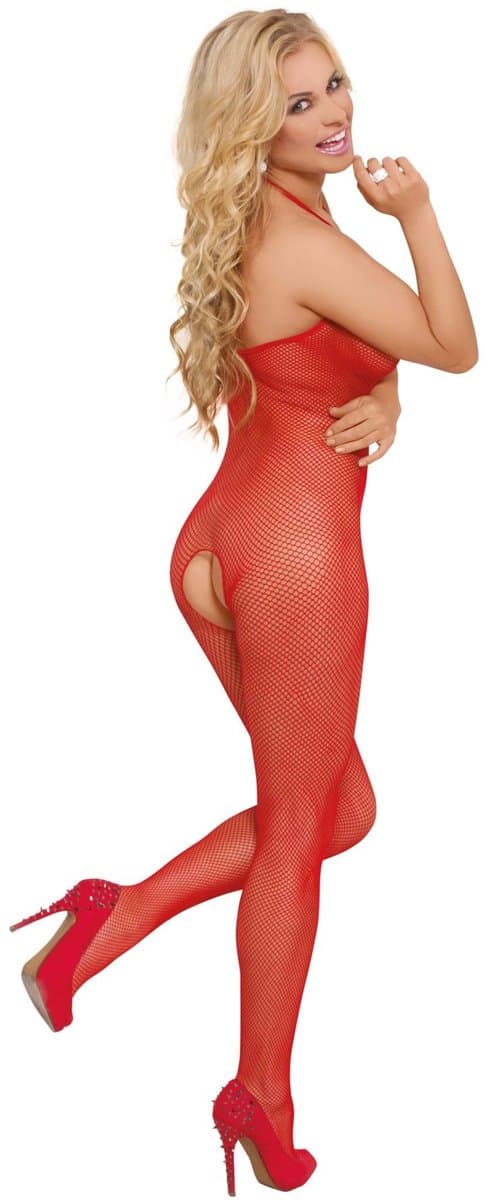 Softline - Fishnet - Dames Lingerie - Visnet Catsuit met Open Kruis - Half Lange Mouwen - Sexy Doorschijnend Lingerie Set - Uitdagende Bodystocking - Erotisch Setje - One Size - Rood — afbeelding 1
