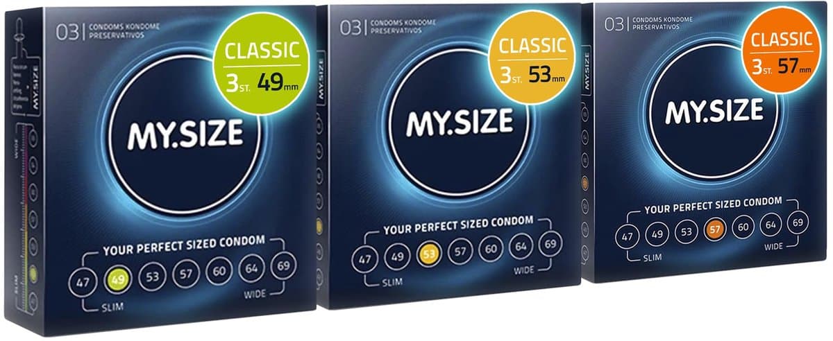 MY.SIZE Classic condooms 3-delig proefverpakking I 49, 53, 57 mm breed I 3x3 stuks premium condooms extra dun I condooms true to touch gossamer I dunne 0,07 mm wanddikte I condooms veganistisch — afbeelding 1