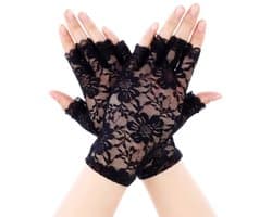 Dailygoods- Handschoenen Vingerloos - Kanten Ellebooghandschoenen - Bruidsaccessoires - Halve Vinger - Zwart - Sierlijke Patronen - Vingerloze Handschoenen