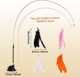 verpakking met 2 hengels voor katten met zuignappen, 4 veren en klokken, natuurlijk interactief speelgoed voor katten, hengels voor beweegbare en speelende kittens — thumbnail 3