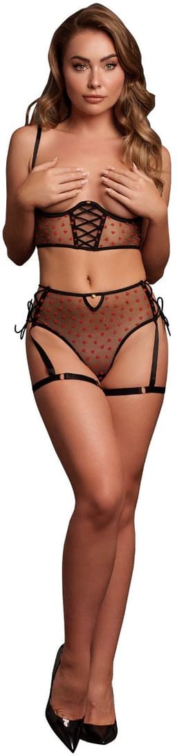 Two Piece Set with Underwired Open-Cup Bra and Panty with Laced Up Details - One Size - Black — thumbnail 6