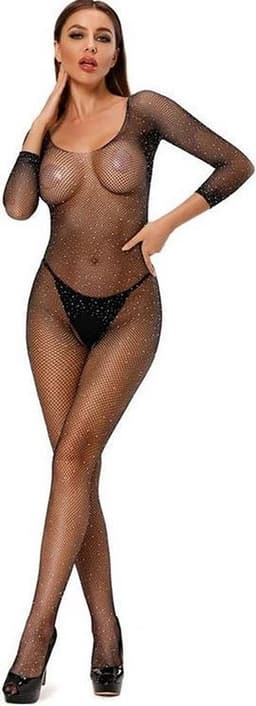 Knaak Sexy Lingerie Set - One Size Body - Erotische Body - Visnet Catsuit met Glitters - Zwart — thumbnail 7