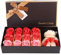 12 Rozen Zeep Bloemen Gift Set voor Vrouwen - Romantisch Valentijnsdag Cadeau met Pluche Beer — thumbnail 1