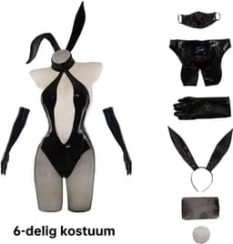 Sexy Bunny Pakje - 6 Delig Konijnen Kostuum Rollenspel - Cosplay & Roleplay - Anime - Latex-look - Body, Haarband, Handschoenen, Panty, Staart en Masker - Zwart - One Size — thumbnail 2