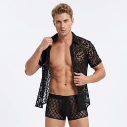 Erotische Herenblouse Zwart - Transparant Kanten Overhemd voor Heren - Sexy Clubwear voor Mannen - Maat XL — thumbnail 3