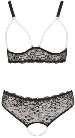 Cottelli Plus Size –  Lingerie Set van Kant Open Kruis en Borsten met Parelbanden – Maat 3XL – Zwart — thumbnail 2
