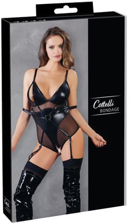 Cottelli Collection – Bondage Jarretel Body Wetlook met Elleboog Riemen en Tepel Sluiting – Maat M – Zwart — thumbnail 16