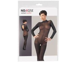 Mandy Mystery Lingerie – Catsuit met Open Rug en Kruis met Kant Afgewerkt Kraag – Maat S/M - Zwart